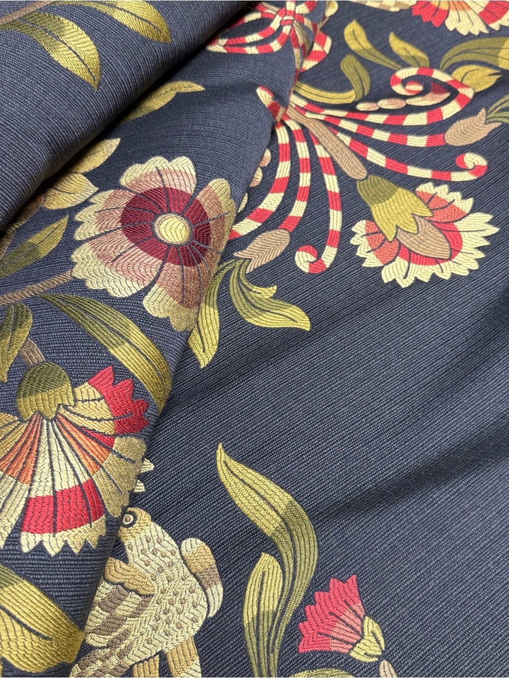 Fabric By The Yard Navy Blue Jacquard Sophisticated Botanical And Bird Pattern